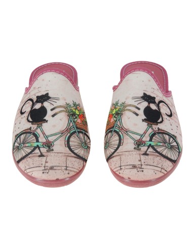 Calzados Romero. Zapatilla Destalonada de Casa para Mujer con Cuña de 3CM. Gato y Bicicleta.
